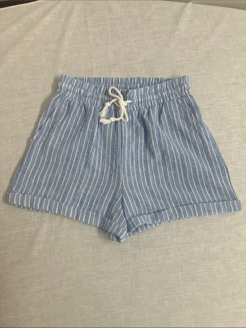 🌞 Ci Sono Light Blue & White Striped High-Waist Drawstring Shorts women S